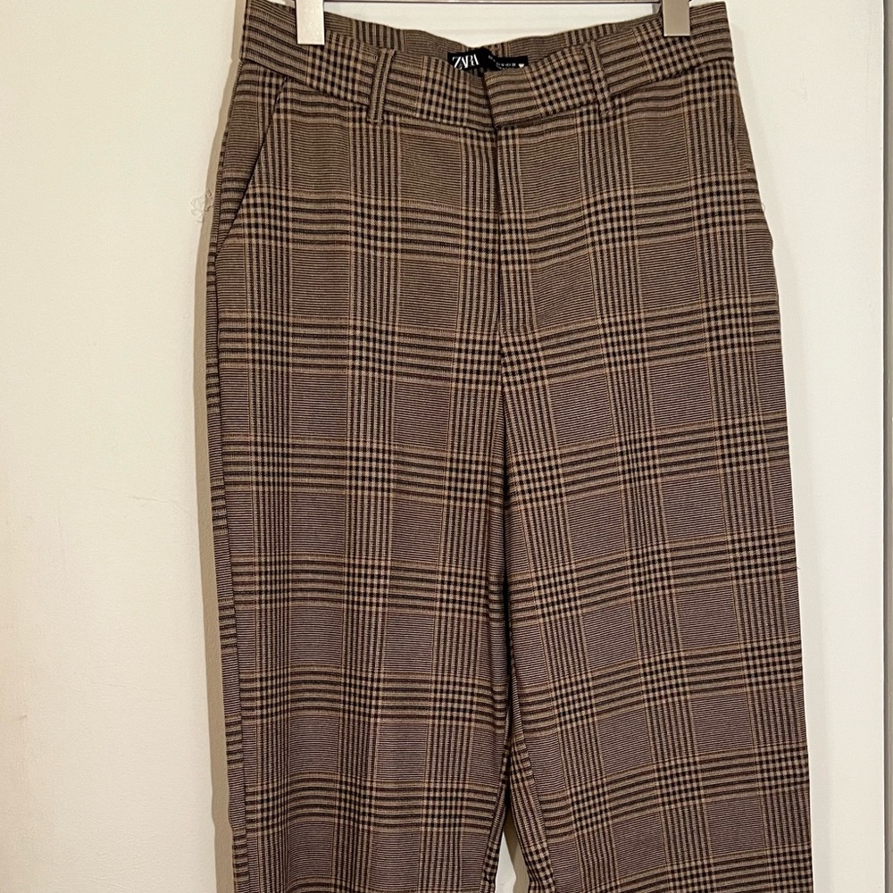 Zara Straight Leg Plaid Light Brown Elastane Pants